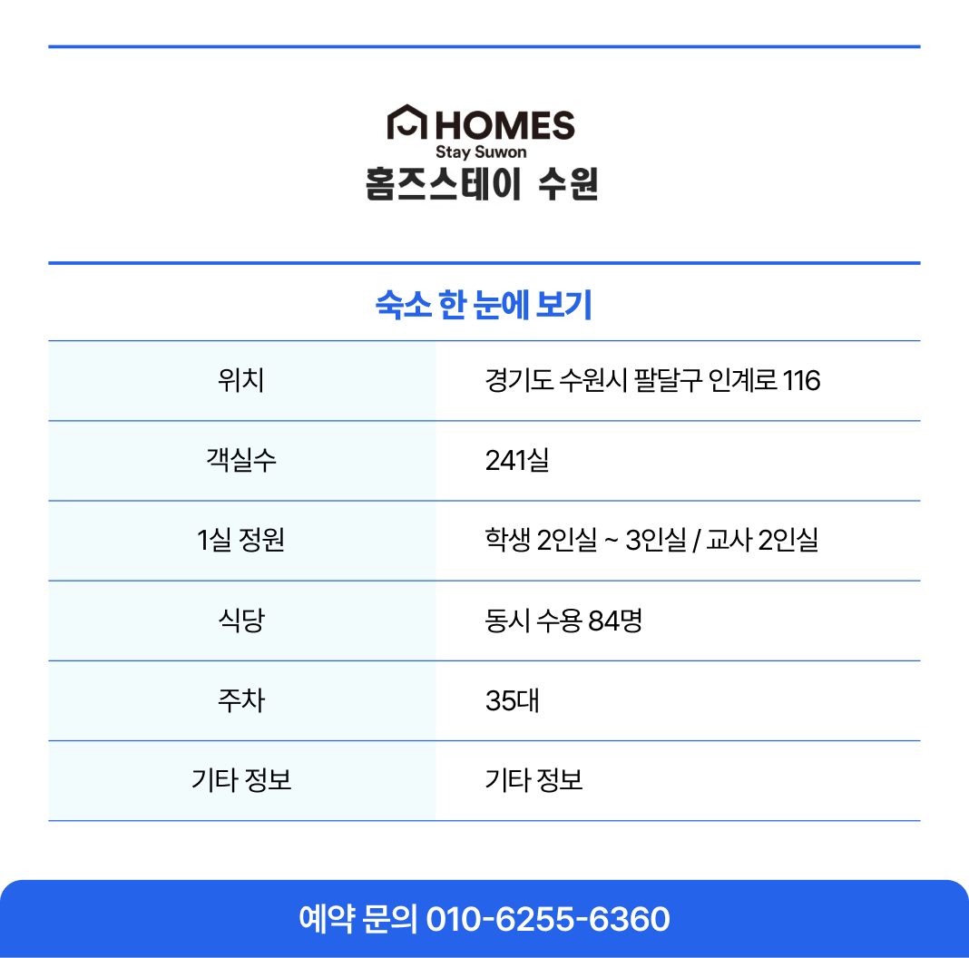 홈즈스테이 수원 전화 상담 및 단체 예약 문의