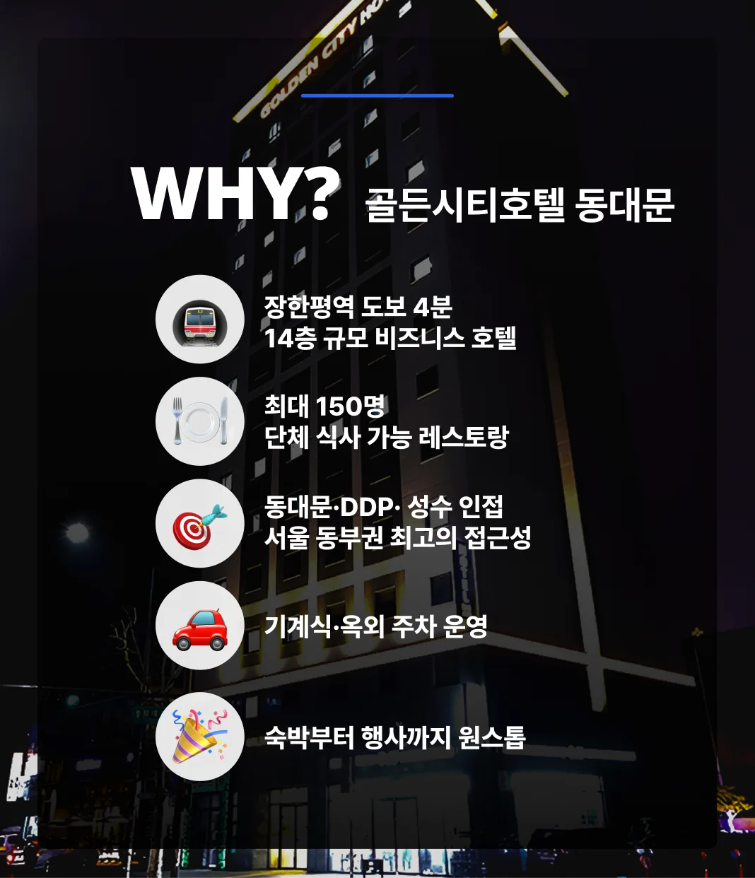 서울시 동대문구 - 사통팔달 교통망과 비즈니스 인프라를 갖춘 14층 규모의 동대문 랜드마크에서 선사하는 내 집 같은 고품격 서비스 서울의 역동적인 에너지와 비즈니스의 효율성이 교차하는 동대문구 장안동에 위치한 골든씨티호텔 동대문(Golden City Hotel Dongdaemun)은 현대적인 세련미와 실용적인 프리미엄을 동시에 실현한 어반 비즈니스 호텔입니다. 지상 14층 규모의 랜드마크 건물에 약 114실의 쾌적한 객실 인프라를 갖추고 있으며, 지하철 5호선 장한평역(도보 4분)과 답십리역에 인접한 전략적 입지는 국내외 관광객과 비즈니스 고객 모두에게 최상의 이동 편의와 안락한 휴식을 보장합니다.