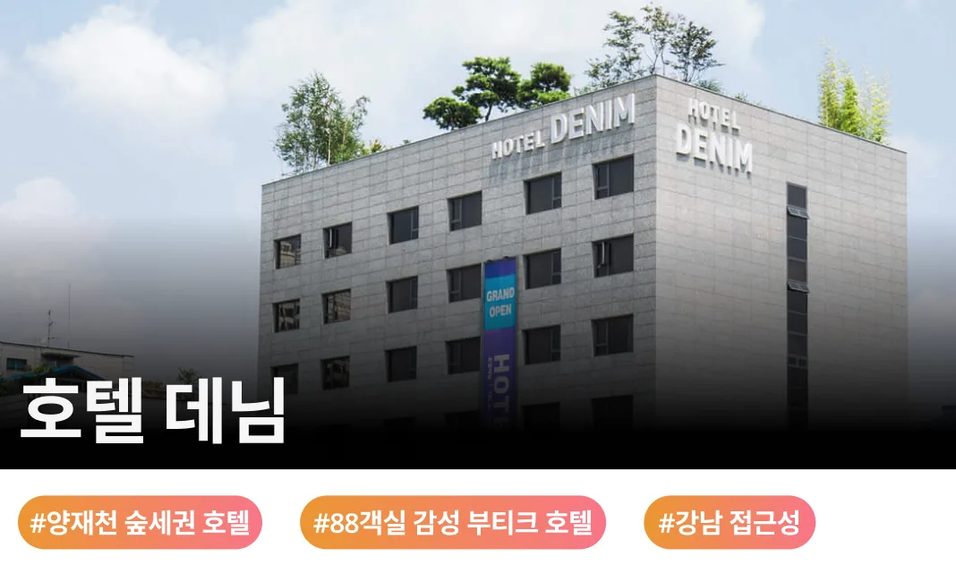 호텔 데님 - 2015년 개관 30년 기술력 기반 88실 14타입 부띠크 / 한류·기업 인프라 중심의 핵심 거점 / 도심 속 청정 숲세권